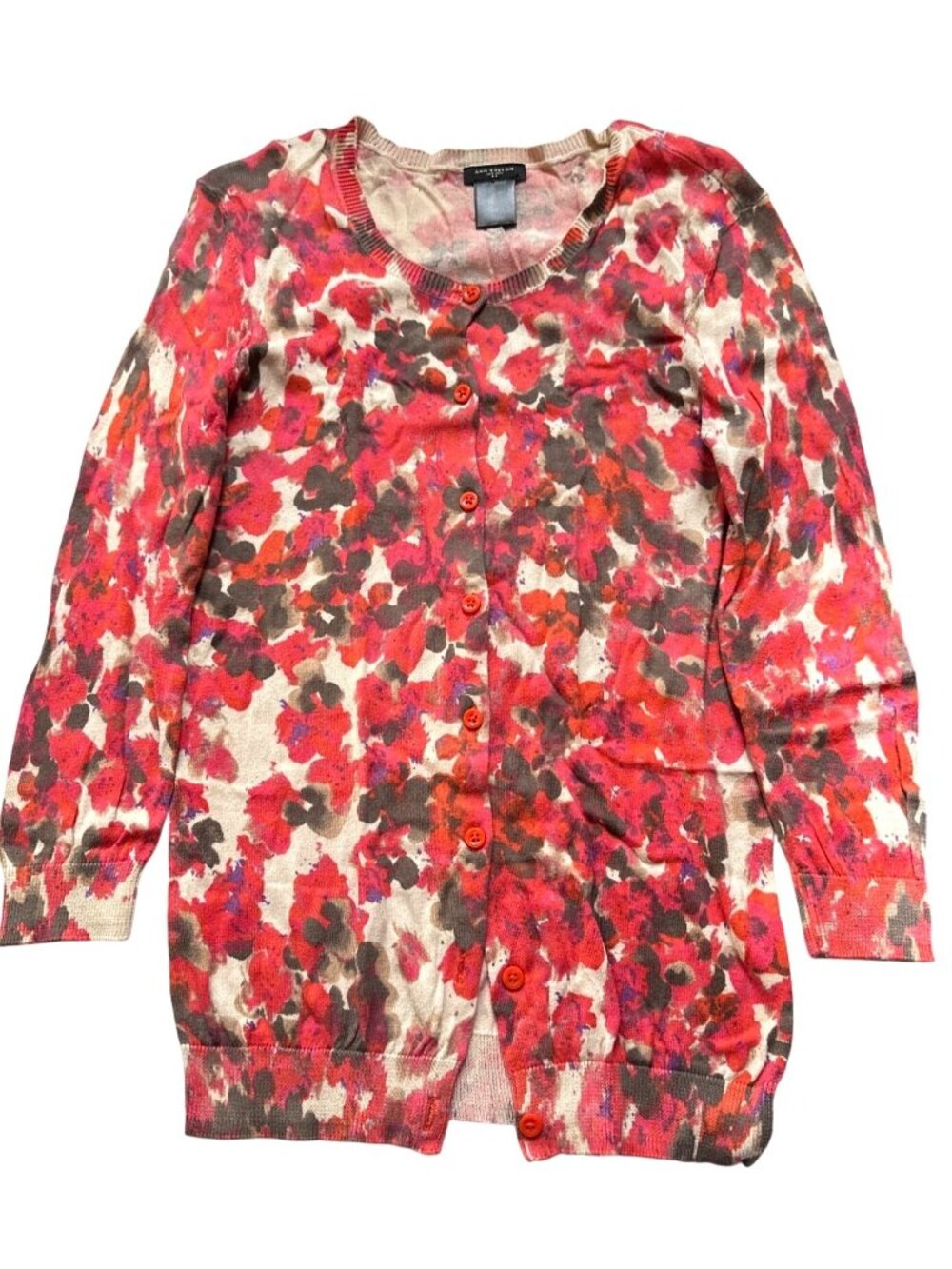 Ann Taylor Spring Cardigan Sweater Floral Knit Size XS Pink Gray Flowers